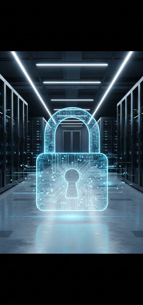 Une main protégeant un bouclier numérique avec le logo d'une PME, symbolisant la réduction des primes de Cyber-assurance PME 2026 grâce à une meilleure cybersécurité.