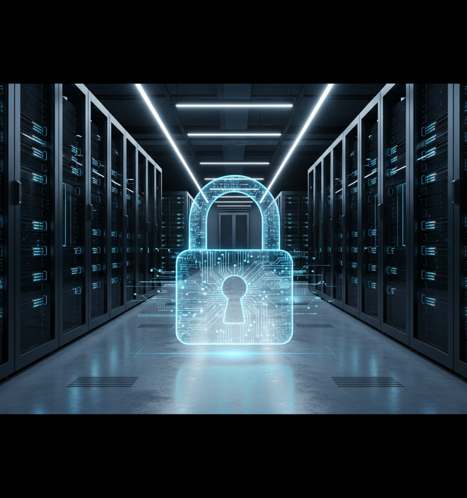 Une main protégeant un bouclier numérique avec le logo d'une PME, symbolisant la réduction des primes de Cyber-assurance PME 2026 grâce à une meilleure cybersécurité.