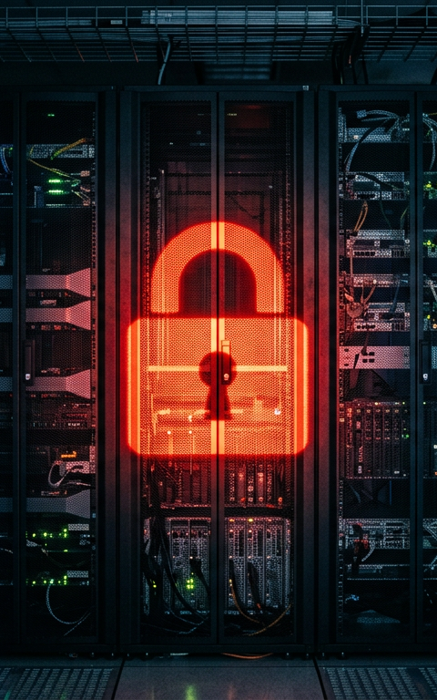 Illustration d'un cadenas numérique et de données s'échappant d'un ordinateur, symbolisant une cyberattaque PME rançongiciel avec fuite de données.
