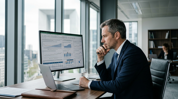 Un entrepreneur en PME, l'air préoccupé, devant un écran d'ordinateur affichant des symboles de cyberharcèlement et de recours juridiques.