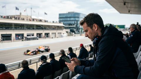 Un pilote de Formule 1 sur un circuit, avec des éléments de cybersécurité superposés, symbolisant la protection des fans F1 contre les menaces numériques.
