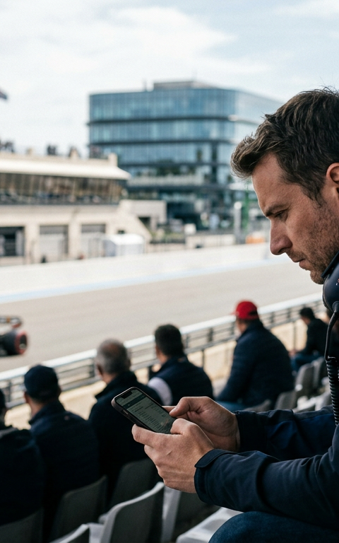 Un pilote de Formule 1 sur un circuit, avec des éléments de cybersécurité superposés, symbolisant la protection des fans F1 contre les menaces numériques.