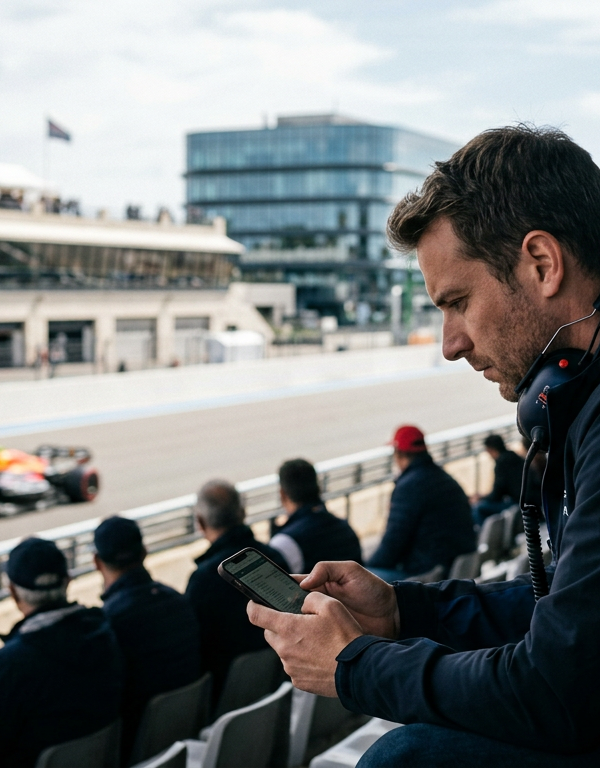 Un pilote de Formule 1 sur un circuit, avec des éléments de cybersécurité superposés, symbolisant la protection des fans F1 contre les menaces numériques.