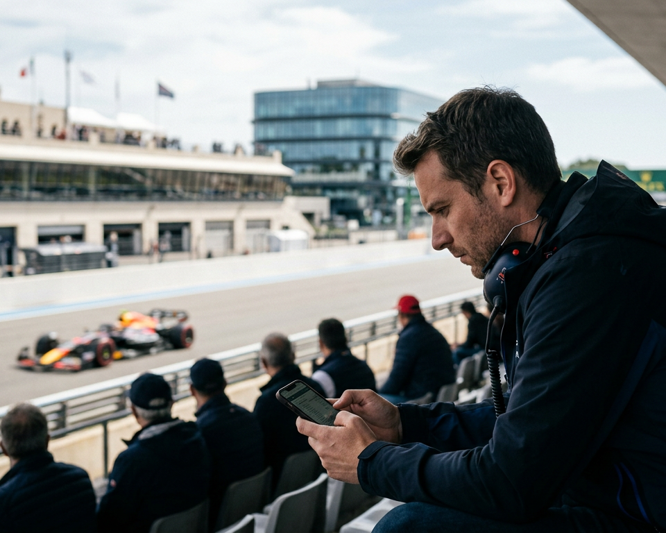 Un pilote de Formule 1 sur un circuit, avec des éléments de cybersécurité superposés, symbolisant la protection des fans F1 contre les menaces numériques.