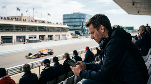 Un pilote de Formule 1 sur un circuit, avec des éléments de cybersécurité superposés, symbolisant la protection des fans F1 contre les menaces numériques.