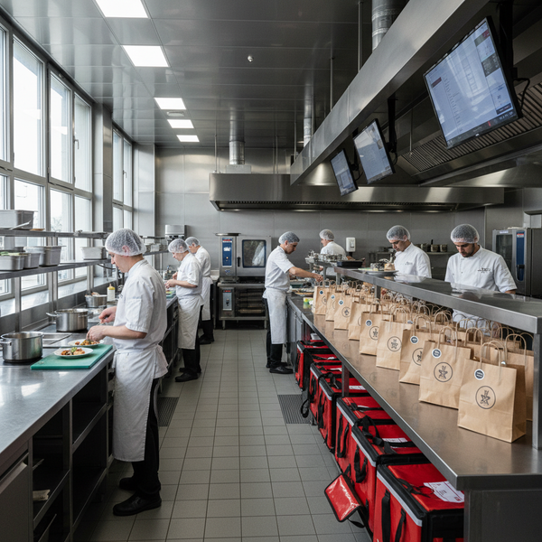 dark kitchen France — Vue intérieure d'une cuisine professionnelle moderne et épurée, symbolisant une dark kitchen en