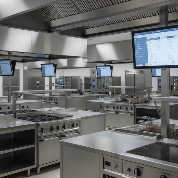 Une vue moderne et épurée d'une dark kitchen mutualisée, illustrant l'efficacité et l'innovation des laboratoires alimentaires partagés en 2026.