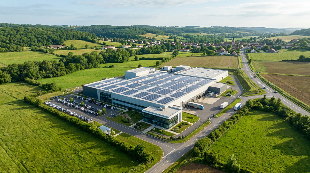 Illustration d'une usine moderne avec des panneaux solaires et des éoliennes, symbolisant la décarbonation industrielle et la transition vers le zéro fossile.