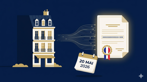 Illustration d'un calendrier affichant le 20 mai 2026, avec des documents administratifs et une clé de maison, symbolisant l'obligation Declaloc.