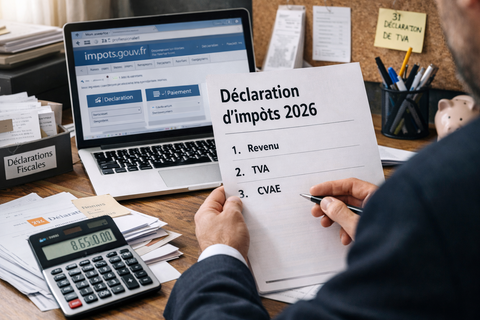 Un dirigeant d'entreprise préparant sa déclaration d'impôts 2026, comparant son avis d'impôt personnel et la liasse fiscale.