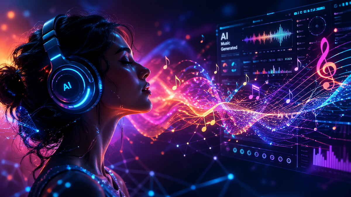 représentation visuelle d’une musique générée par intelligence artificielle dans un univers technologique et coloré, avec une femme portant un casque lumineux marqué IA, entourée d’ondes sonores, de notes de musique et d’interfaces numériques futuristes, dans une ambiance immersive et émotionnelle.