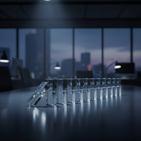 Illustration d'un effet domino de blocs tombant, symbolisant les défaillances entreprises 2026 et l'impact sur la trésorerie des PME.