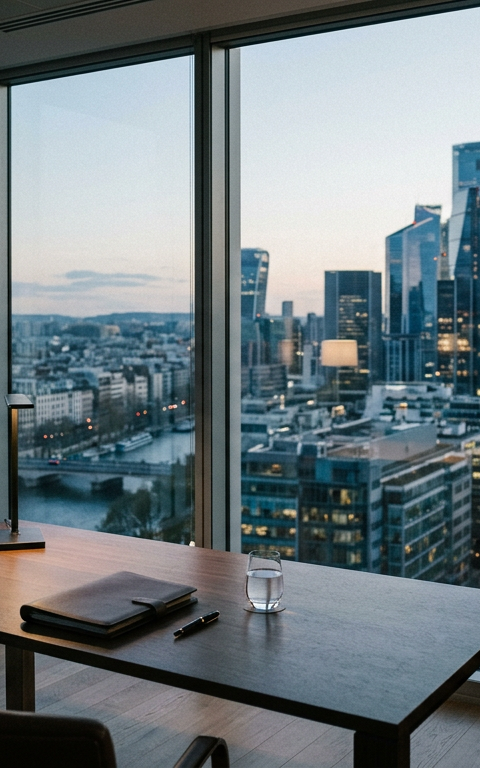 Un entrepreneur français regardant vers la skyline de New York, symbolisant le départ des fondateurs et l'attrait américain face aux défis français.