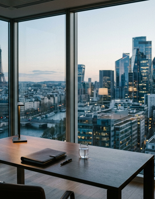 Un entrepreneur français regardant vers la skyline de New York, symbolisant le départ des fondateurs et l'attrait américain face aux défis français.