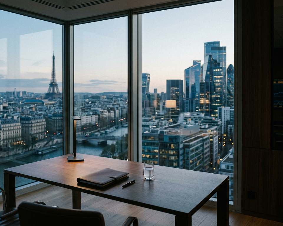 Un entrepreneur français regardant vers la skyline de New York, symbolisant le départ des fondateurs et l'attrait américain face aux défis français.