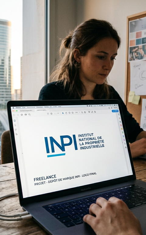 Illustration d'un freelance souriant devant un ordinateur portable, avec un logo de marque protégé par l'INPI, symbolisant la simplification du dépôt marque INPI.