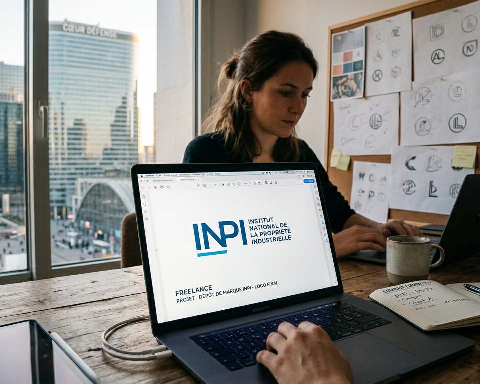 Illustration d'un freelance souriant devant un ordinateur portable, avec un logo de marque protégé par l'INPI, symbolisant la simplification du dépôt marque INPI.