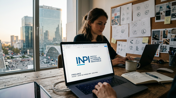 Illustration d'un freelance souriant devant un ordinateur portable, avec un logo de marque protégé par l'INPI, symbolisant la simplification du dépôt marque INPI.