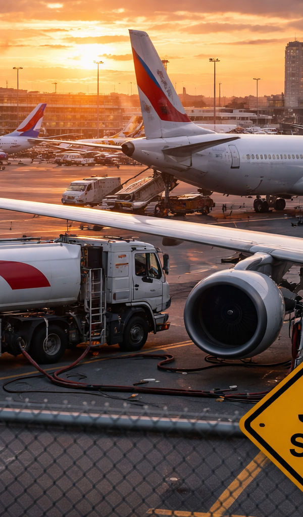 Avions de ligne stationnés sur le tarmac d’un grand aéroport européen au coucher du soleil, autour d’un camion-citerne de kérosène et d’une signalétique d’alerte, illustrant les tensions d’approvisionnement en carburant aérien.