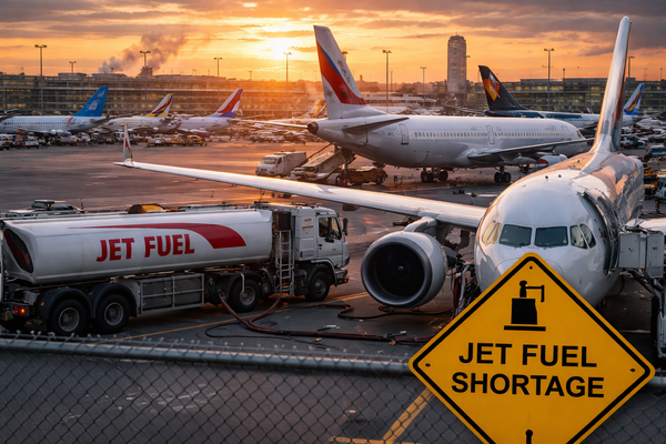 Avions de ligne stationnés sur le tarmac d’un grand aéroport européen au coucher du soleil, autour d’un camion-citerne de kérosène et d’une signalétique d’alerte, illustrant les tensions d’approvisionnement en carburant aérien.