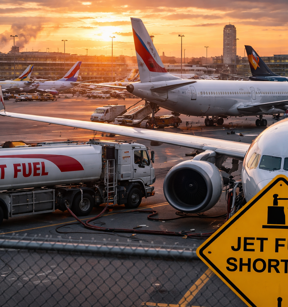 Avions de ligne stationnés sur le tarmac d’un grand aéroport européen au coucher du soleil, autour d’un camion-citerne de kérosène et d’une signalétique d’alerte, illustrant les tensions d’approvisionnement en carburant aérien.