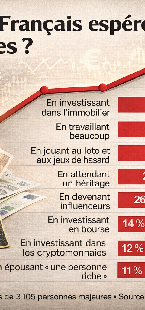 Infographie en format paysage sur la manière dont les Français espèrent devenir riches, avec un graphique en barres rouges montrant l’immobilier à 58 %, le travail à 55 %, les jeux de hasard à 38 %, l’héritage à 27 %, les influenceurs à 26 %, la Bourse à 14 %, les cryptomonnaies à 12 % et le mariage avec une personne riche à 11 %.