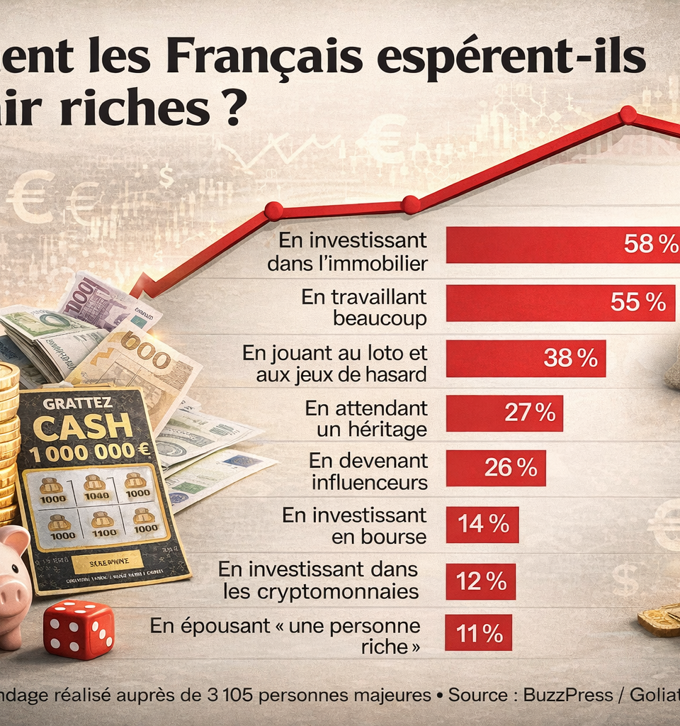 Infographie en format paysage sur la manière dont les Français espèrent devenir riches, avec un graphique en barres rouges montrant l’immobilier à 58 %, le travail à 55 %, les jeux de hasard à 38 %, l’héritage à 27 %, les influenceurs à 26 %, la Bourse à 14 %, les cryptomonnaies à 12 % et le mariage avec une personne riche à 11 %.