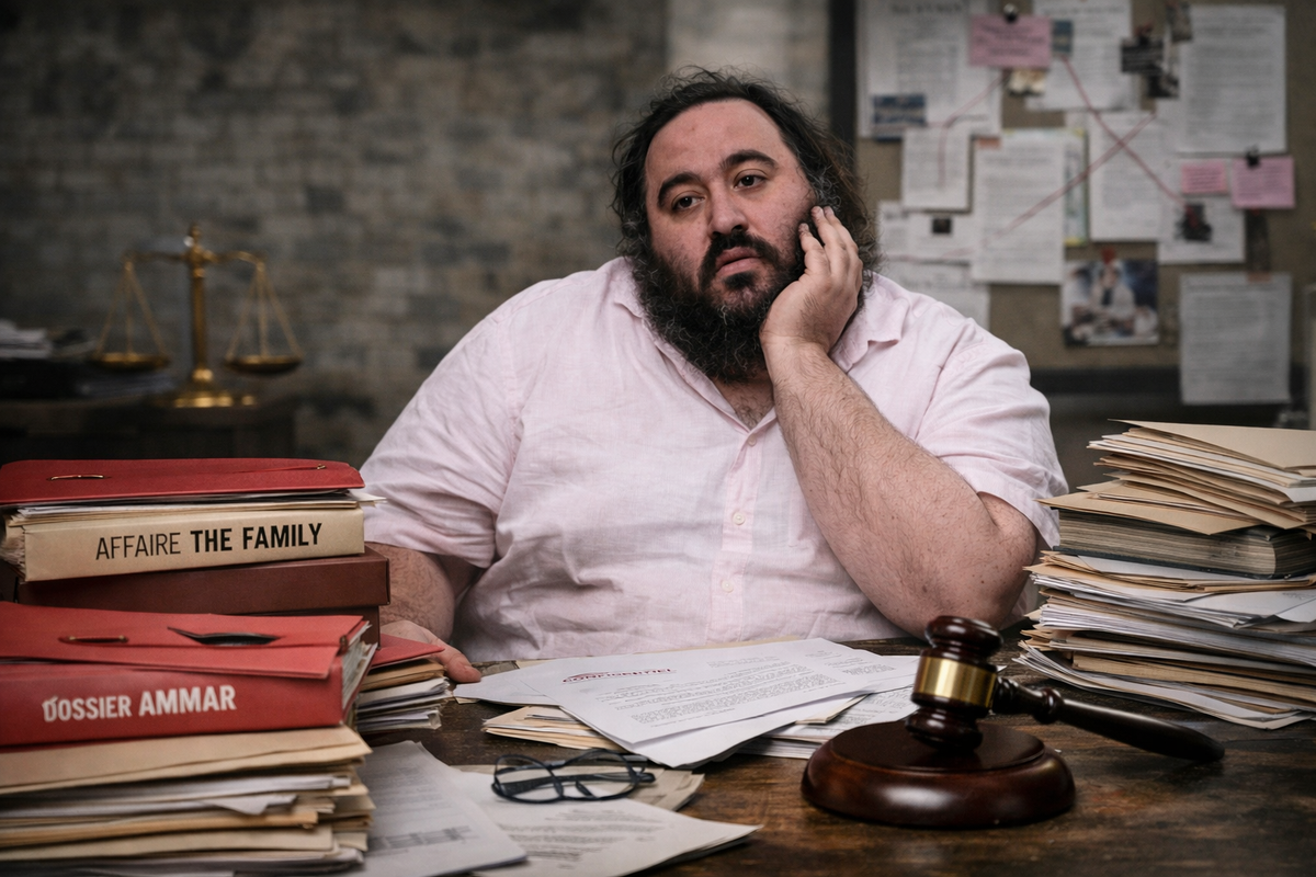 Portrait photographique en format paysage d’un homme assis derrière un bureau encombré de dossiers judiciaires, de documents et d’un marteau de juge, dans une ambiance sombre et tendue évoquant des procédures et une affaire médiatique complexe.