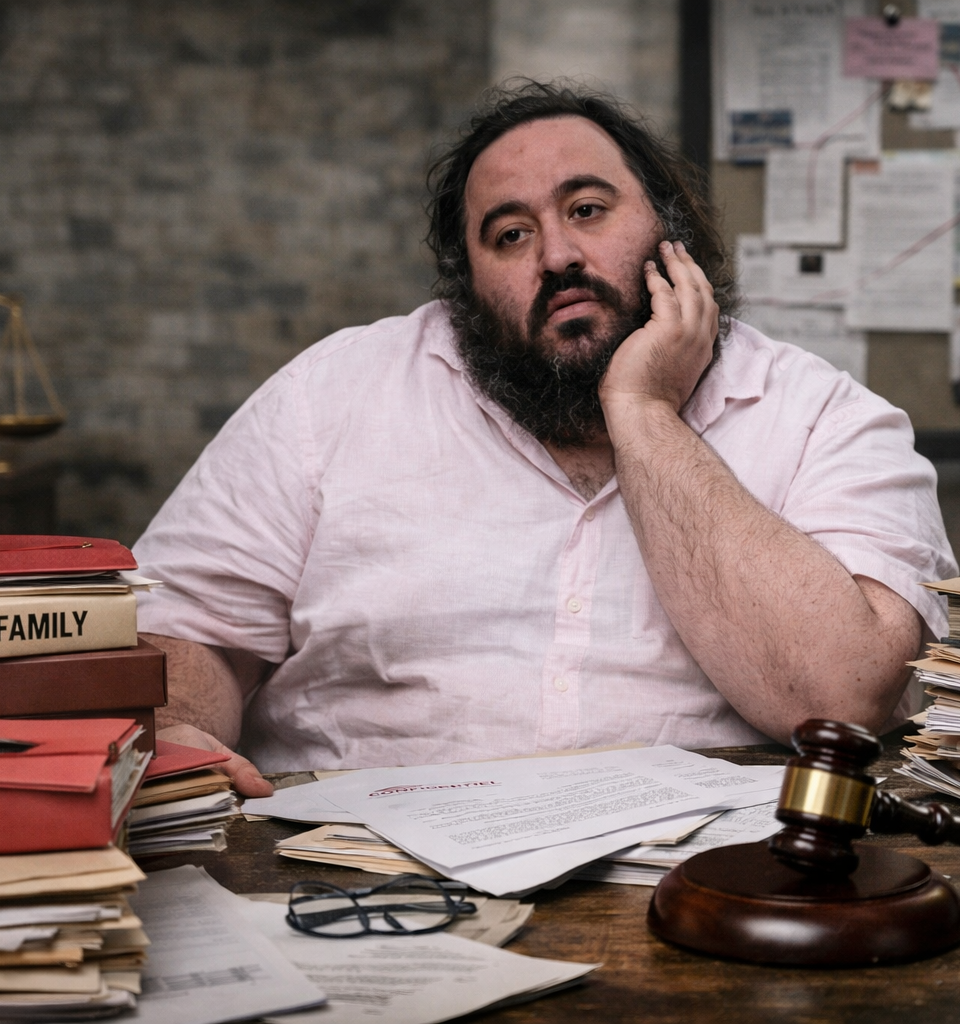 Portrait photographique en format paysage d’un homme assis derrière un bureau encombré de dossiers judiciaires, de documents et d’un marteau de juge, dans une ambiance sombre et tendue évoquant des procédures et une affaire médiatique complexe.