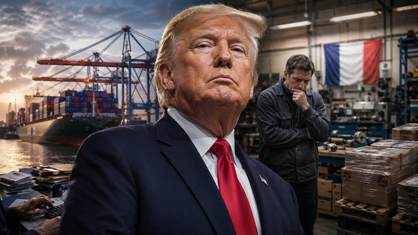 Donald Trump devant un port de conteneurs et un atelier industriel français, illustrant les répercussions des droits de douane américains sur les PME françaises, entre hausse des coûts d’importation, tensions logistiques et inquiétude des dirigeants d’entreprise.