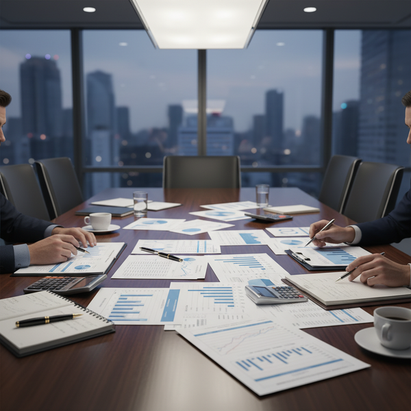 Une vue aérienne d'un bureau moderne avec des documents financiers, des calculatrices et des écrans d'ordinateur, symbolisant la due diligence financière pour le rachat d'une PME en 2026.