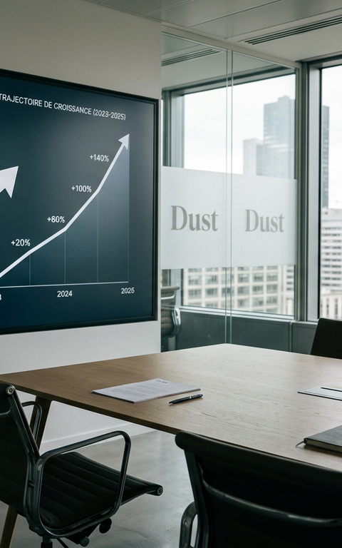 Illustration d'une fusée décollant avec le logo Dust, symbolisant l'expansion américaine suite à la levée de fonds.