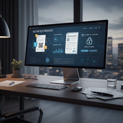 Illustration d'une facture électronique avec des symboles de pénalités et de contrôle fiscal, représentant les enjeux de la facturation électronique 2026.