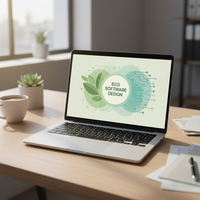 Ordinateur portable sur un bureau avec icônes de feuille et circuit, symbolisant l'éco-conception web pour les PME.