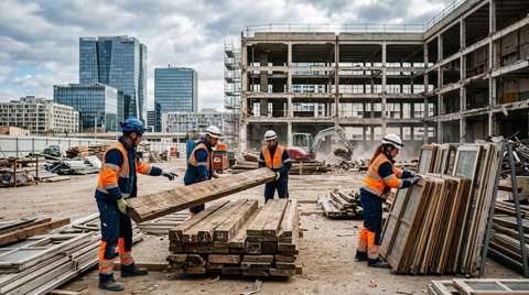 Illustration d'un chantier de déconstruction sélective avec des ouvriers triant des matériaux, symbolisant l'économie circulaire BTP et la valorisation des déchets pour les PME.