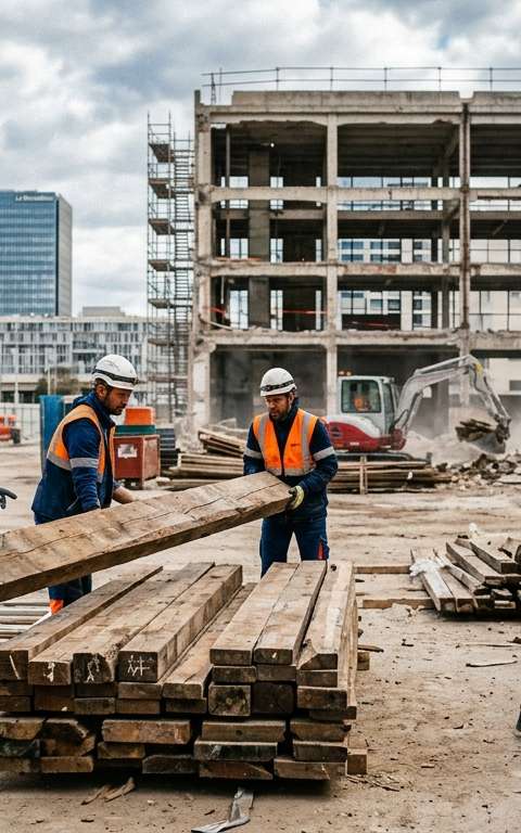 Illustration d'un chantier de déconstruction sélective avec des ouvriers triant des matériaux, symbolisant l'économie circulaire BTP et la valorisation des déchets pour les PME.