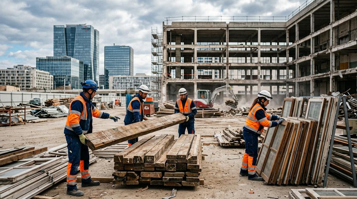 Illustration d'un chantier de déconstruction sélective avec des ouvriers triant des matériaux, symbolisant l'économie circulaire BTP et la valorisation des déchets pour les PME.