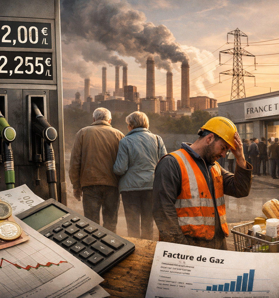 Illustration éditoriale réaliste de la crise économique en France : station-service affichant des carburants à plus de 2 €/L, ouvrier préoccupé, couple de retraités, file d’attente devant France Travail, factures et courses au premier plan, avec usines fumantes en arrière-plan.