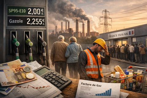 Illustration éditoriale réaliste de la crise économique en France : station-service affichant des carburants à plus de 2 €/L, ouvrier préoccupé, couple de retraités, file d’attente devant France Travail, factures et courses au premier plan, avec usines fumantes en arrière-plan.