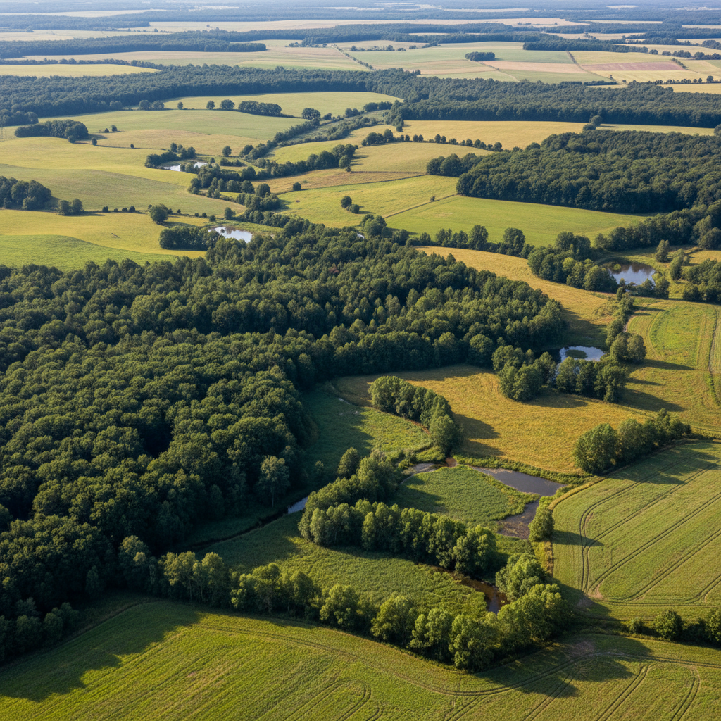 Illustration d'un écosystème florissant avec des symboles d'entreprise, représentant l'économie régénérative en France