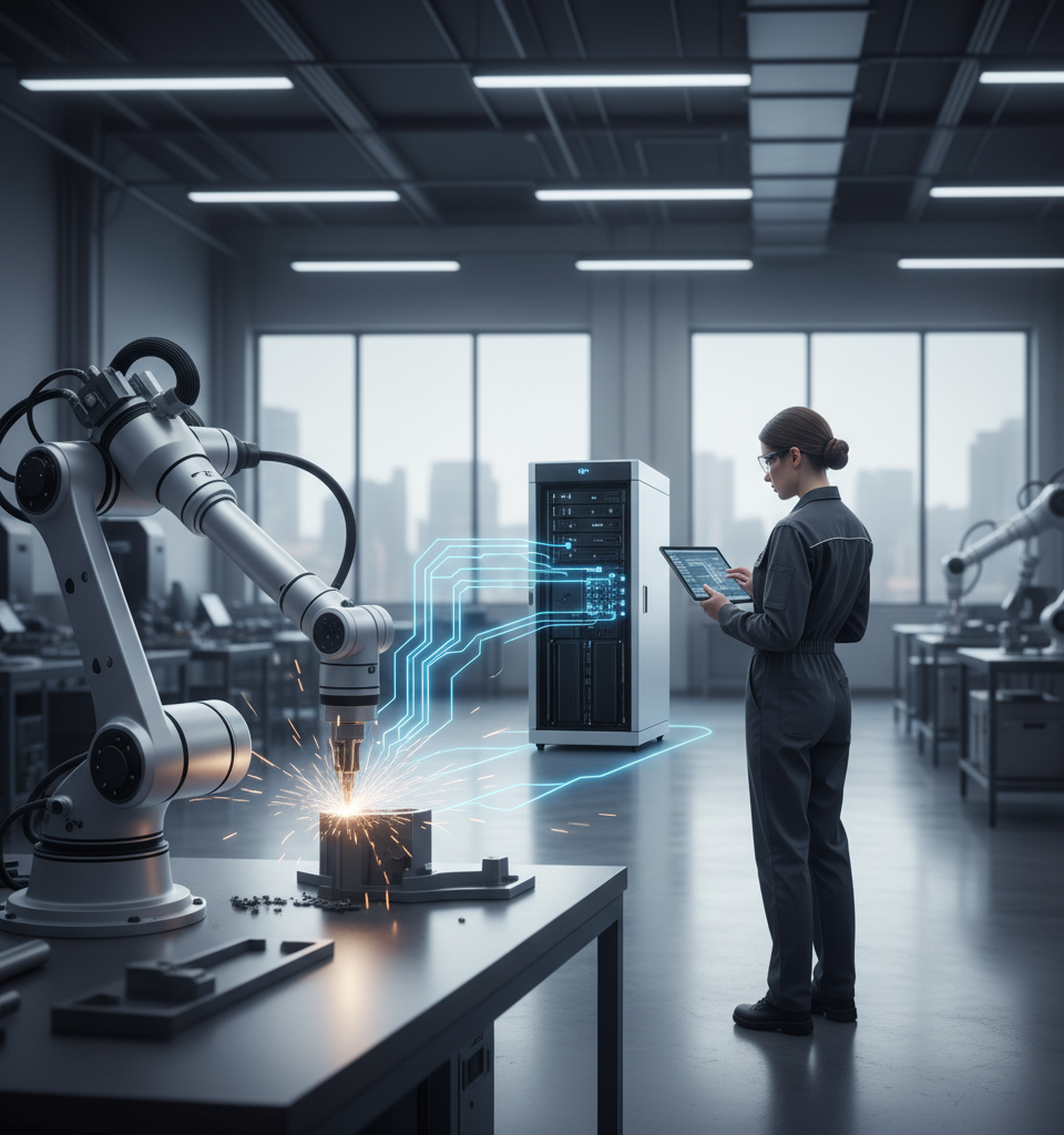 Schéma illustrant l'interconnexion entre des capteurs industriels, un serveur Edge Computing PME local et un datacenter Cloud distant, symbolisant une architecture hybride.