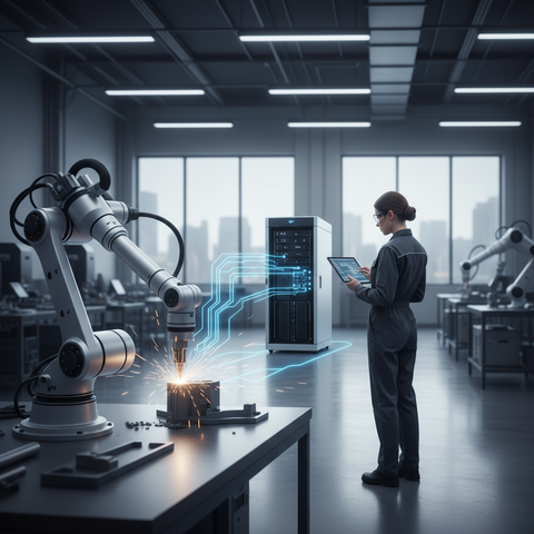 Schéma illustrant l'interconnexion entre des capteurs industriels, un serveur Edge Computing PME local et un datacenter Cloud distant, symbolisant une architecture hybride.