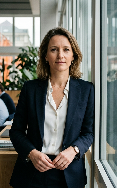 Une femme experte en éducation financière expliquant des concepts financiers à des entrepreneurs nantais, avec des graphiques et des chiffres clés en arrière-plan.