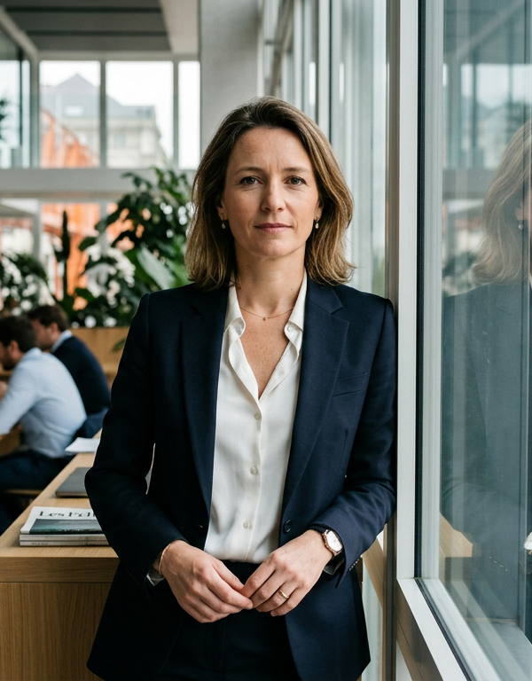 Une femme experte en éducation financière expliquant des concepts financiers à des entrepreneurs nantais, avec des graphiques et des chiffres clés en arrière-plan.