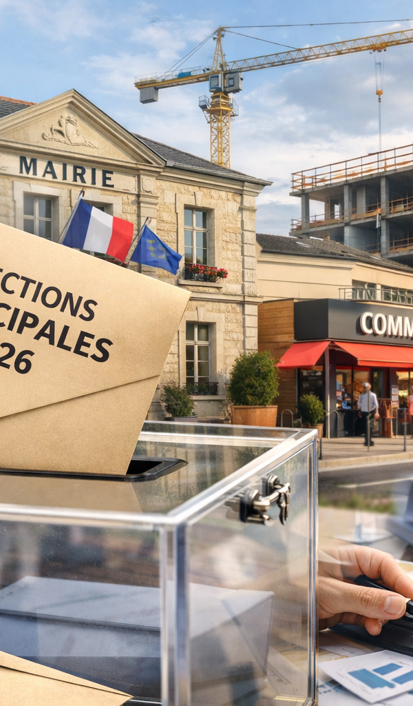 Gros plan sur une urne électorale avec des bulletins de vote, symbolisant les élections municipales 2026 et leurs répercussions économiques pour les entreprises.