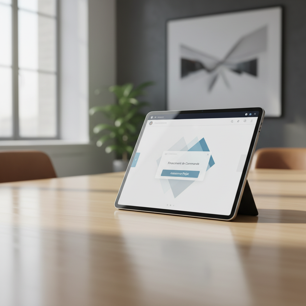 Illustration d'engrenages financiers et technologiques s'imbriquant, symbolisant l'intégration de l'embedded finance PME dans les systèmes d'entreprise, avec des icônes de paiement, crédit et assurance.