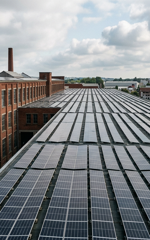 Panneaux solaires photovoltaïques sur le toit d'une usine textile près de Lille, symbolisant la réussite d'une Energie solaire PME face à la crise énergétique.