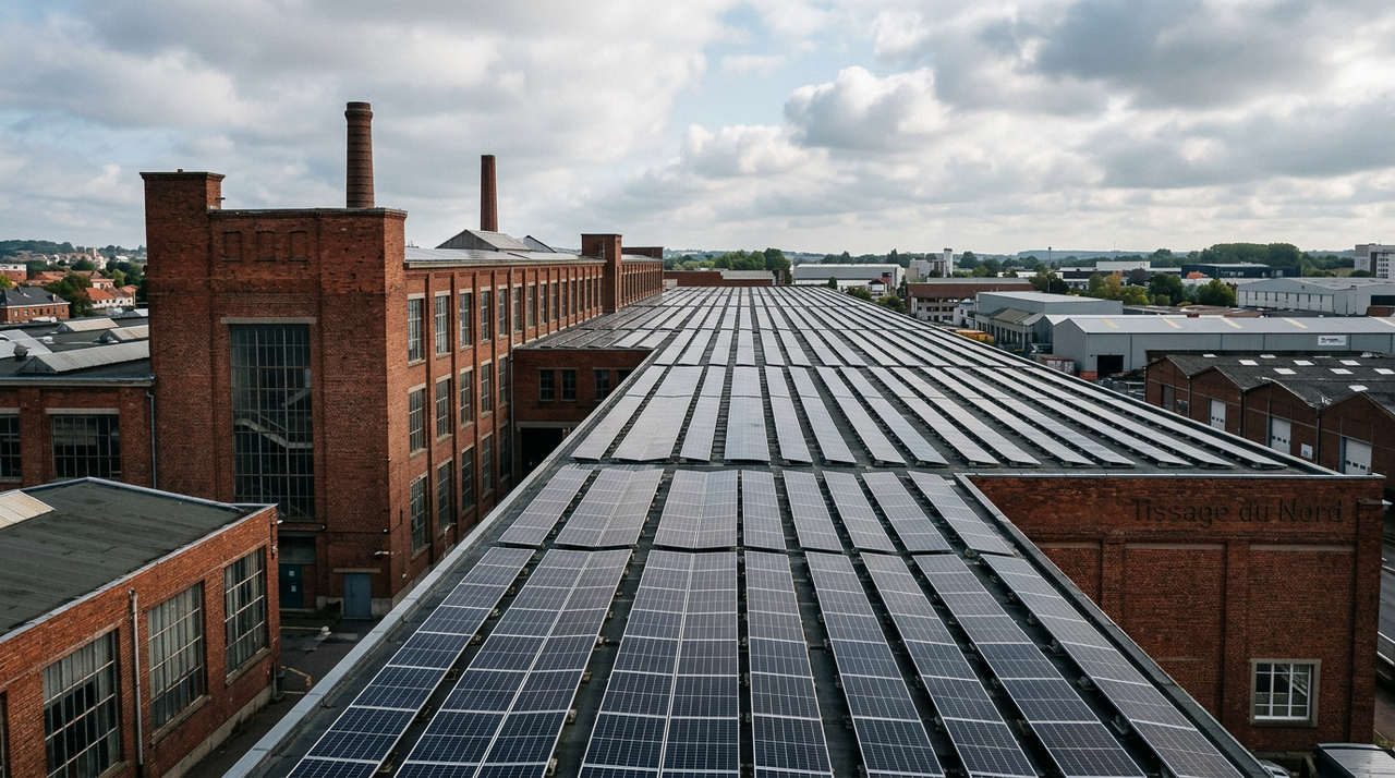 Panneaux solaires photovoltaïques sur le toit d'une usine textile près de Lille, symbolisant la réussite d'une Energie solaire PME face à la crise énergétique.