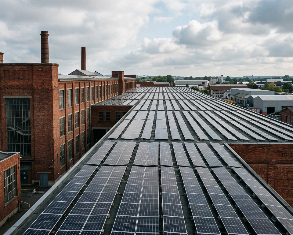 Panneaux solaires photovoltaïques sur le toit d'une usine textile près de Lille, symbolisant la réussite d'une Energie solaire PME face à la crise énergétique.