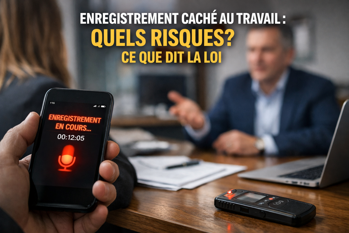 Photographie éditoriale réaliste d’un entretien en entreprise, montrant un smartphone tenu discrètement au premier plan avec un enregistrement audio en cours, face à un échange flou entre un salarié et un responsable dans un bureau professionnel, illustrant la question de l’enregistrement caché au travail et ses enjeux juridiques.